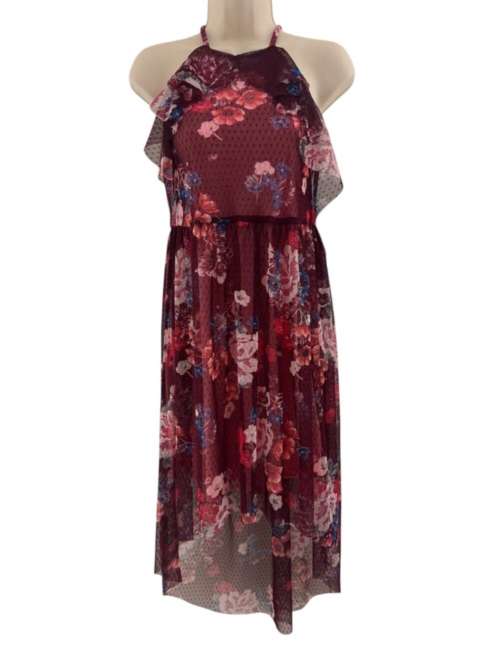 Bonnie Jean Girl's Size 16 Mesh Floral High-Low Dress Swiss Dot Wedding Summer